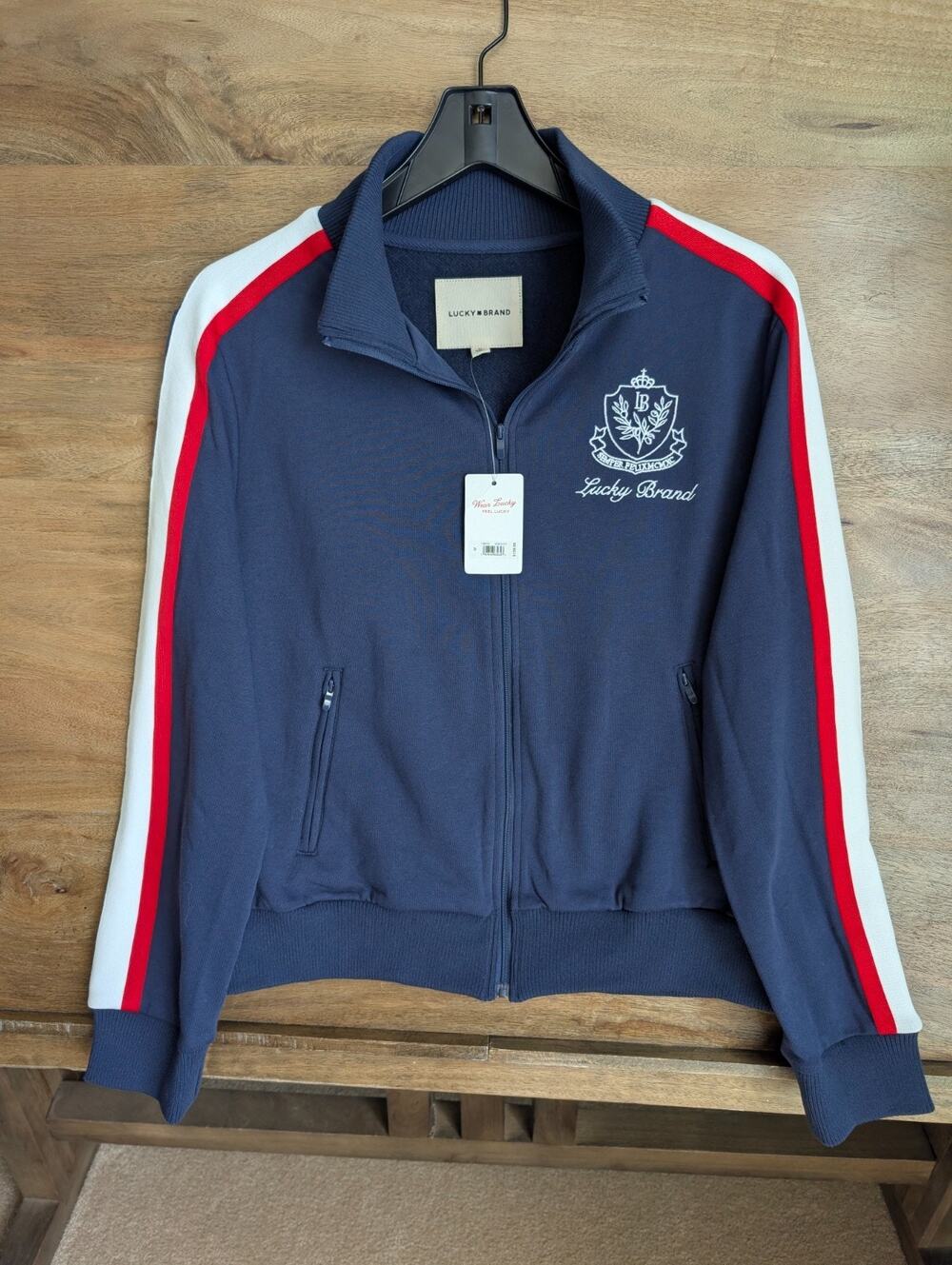 Lucky Brand 136916 Terry Track Jacket Womens Medium Navy Striped Full Zip NWT